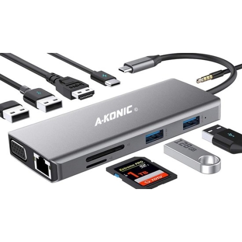 11 in 1 USB C Hub - USB Splitter - USB C - HDMI 1x, VGA 1x, SD en USB A 3x, USB c en Aux Ethernet- Windows/Mac - Aluminium Spacegrey