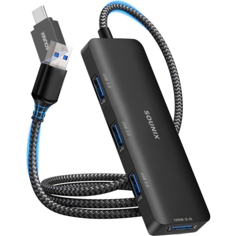 Sounix USB 3.0 Hub - USB Splitter - 4 extra USB 3.0 A Poorten - USB C Hub - Kabel van 60cm - 5 Gbps - Aluminium - Zwart