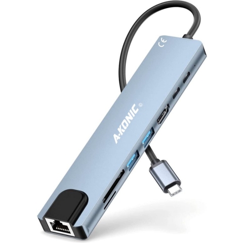 A-KONIC USB C HUB 8 in 1 - met / naar HDMI 4K, Ethernet RJ45, 2x USB 3.0 (thunderbolt), 2x USB C opladen, Micro/SD card reader Hub – USB Splitter - Geschikt voor Apple Macbook Pro / Air Lenovo, Samsung – Spacegray