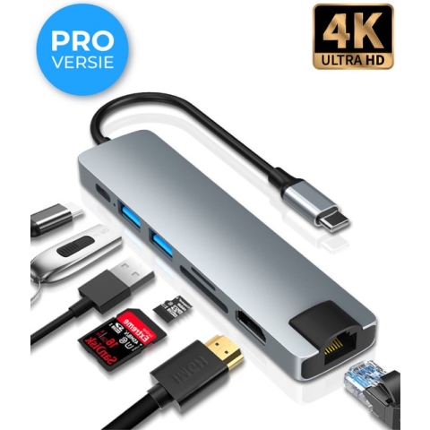 Nuvance - USB C Hub 3.0 - 7 Poorten - USB Splitter - Ethernet aansluiting - USB C Dock - USB C naar HDMI - Micro SD Card Reader USB C - Grijs