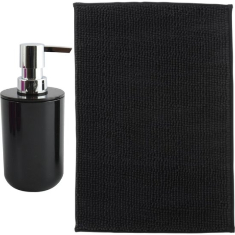 MSV badkamer droogloop mat - Milano - 40 x 60 cm - met bijpassende kleur zeeppompje - zwart