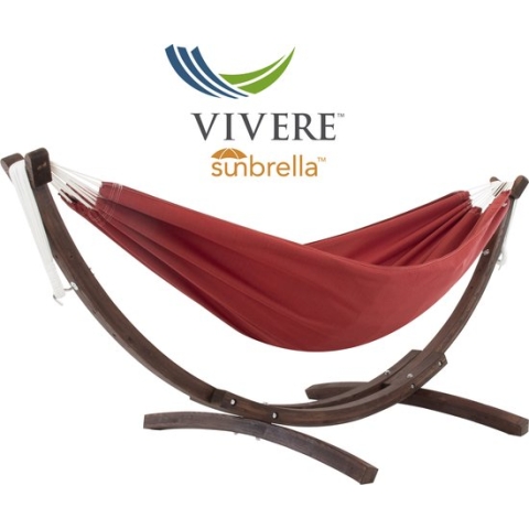 Vivere Double Sunbrelle Hangmat met Solid Pine standaard (250 CM) -  Crimson