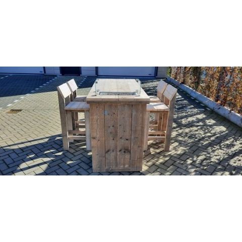 Vuurtafel Sta tafel set "Split" van Gebruikt steigerhout 80x160cm - 5 delige set - Kruk back - 4 persoons
