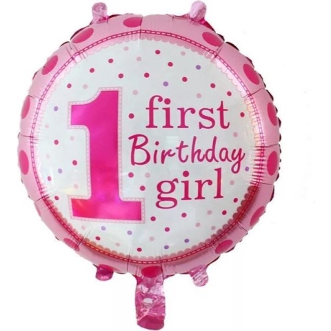 Ballon 1e verjaardag 'first birthday girl" roze, Kindercrea