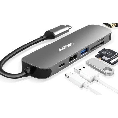 A-KONIC USB-C Hub - 6 in 1 - USB-C Opladen - 4K HDMI - USB 3.0 - Space grey