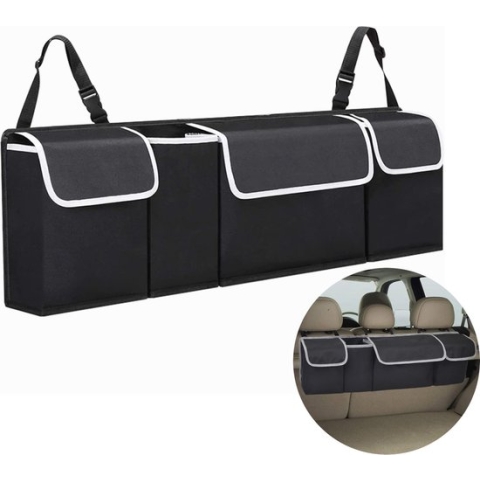 CUBEXCOM® Auto Organizer Kofferbak, Auto Organizer, Autostoel Organizer, Auto Accessories, Universele Kofferbak Opbergtas Multi Pockets Auto Achterbank, Autostoel Rugleuning Organisator, Houdt Auto Netjes En Schoon, 4Zakken, Zwart, 90x25x12 cm