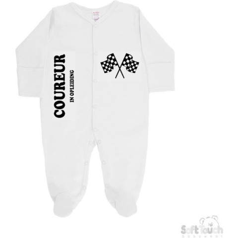 Soft Touch Boxpakje "Coureur in opleiding" Unisex Katoen Wit/zwart Maat 56/62