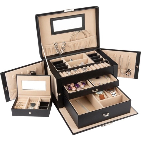 LifeGoods Sieradendoos XL - Juwelendoos - 20 Vakken - Zwart/Beige