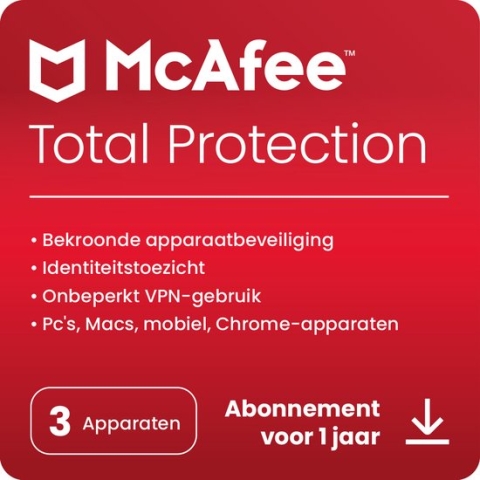 McAfee Total Protection incl VPN - Beveiligingssoftware - 1 jaar/3 apparaten - Nederlands - PC, Mac, iOS & Android Download