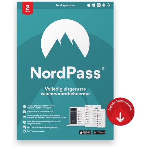 NordPass Premium - Password Manager - 6 Apparaten - 2-jarig Abonnement - PC & Telefoon Download
