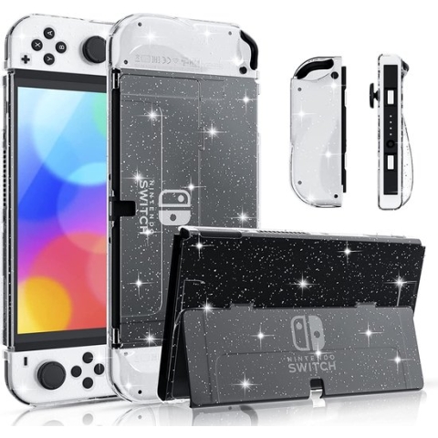 Glitter Clear Case en Screen Protector met montage frame Set - Geschikt voor Nintendo Switch OLED - Grip Hoesje geschikt voor Joy Con - Console Bescherming en Accessoires - 6-Delige TPU Case