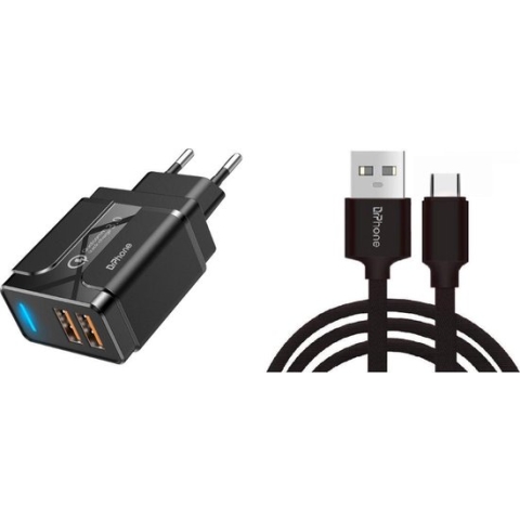 DrPhone PS-Y - 3 Meter Kabel  - USB-C  - Oplaadkabel – 18W Dubbele Qualcom 3.0 Quick Charge - Adapter - Snel Lader – Zwart