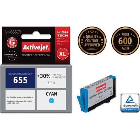 ActiveJet AH-655CR Inkt voor HP-printer; HP 655 CZ110AE vervanging; Premie; 12 ml; cyaan.