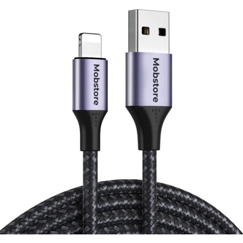 Mobstore iPhone oplader kabel - USB A naar Lightning kabel - 2 meter - Zwart - Stevige nylon kabel - Oplaadkabel iPhone geschikt voor Apple iPhone - 480 Mbps - Sneller opladen - iPhone kabel
