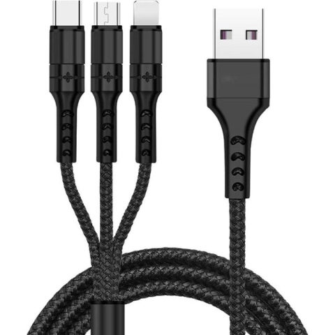 DrPhone MX2 Nylon Gevlochten - Gecertificeerde 3 in 1 Lightning/Micro USB/Type-C 2.4A Snelle USB Oplaadkabel – Zwart