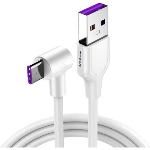 DrPhone D10 - 90° Haakse USB-C oplaadkabel - 5A Super charge - 1 Meter - Wit