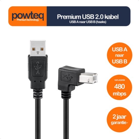 Powteq - Haakse 2 meter premium USB 2.0 kabel - USB A naar USB B - Haakse USB B stekker - Printerkabel