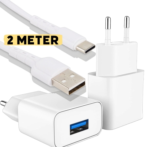 USB-C Kabel 2 Meter + USB Adapter voor Samsung S8/S9/S10/S10e/S20 FE/ S20/ S20 Plus/ S20 Ultra - USB Oplader met USB-C Kabel 2M - Oplaadpakket Samsung