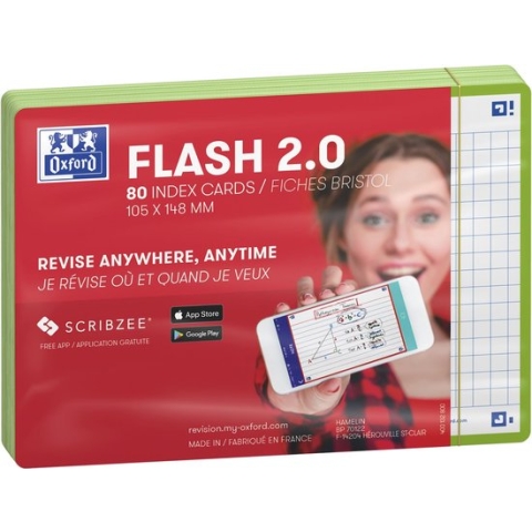 Oxford Flash 2.0 - Flashcards - Geruit 5mm - A6 - Groene rand - 80 stuks