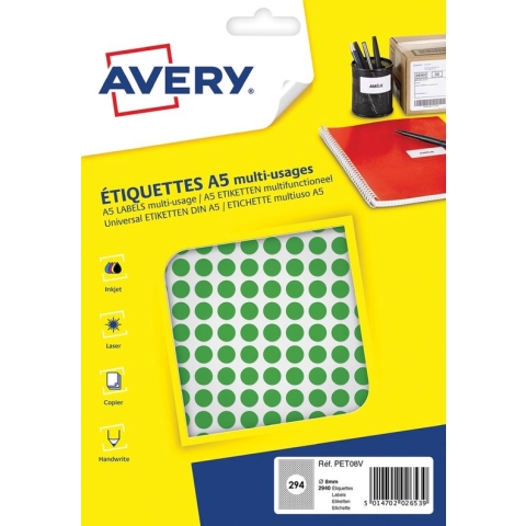 Avery PET08V verpakking met 2940 markeringspunten - diameter 8 mm - A5-vel - Groen