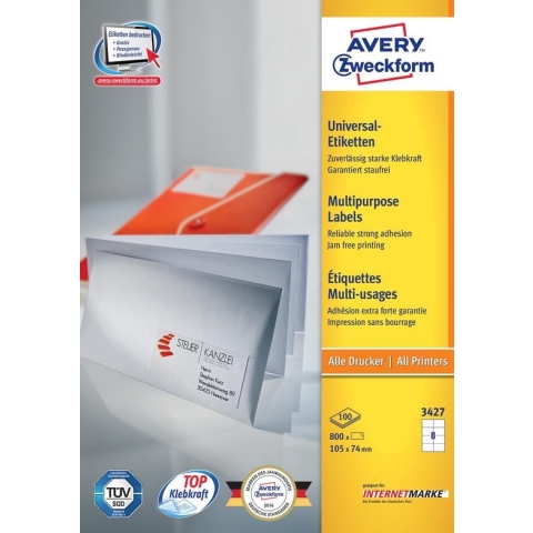 Avery Universele Etiketten, wit, 105,0 x 74,0 mm, permanent klevend