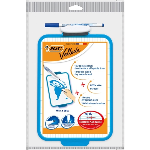 BIC Velleda Dubbelzijdig Droog uitwisbaar Bord - met Blauwe Whiteboard Marker en Wisser - Pack van 1 Stuk - 19 x 26 cm