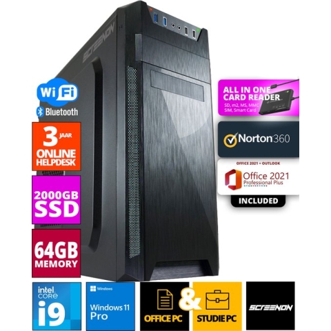 ScreenON - Intel Core i9 - 2TB M.2 SSD - 64GB RAM - RTX 3070 - Allround Office PC - Inclusief Office Professional Plus 2021, Norton 360 & USB SD Card Reader + WiFi & Bluetooth