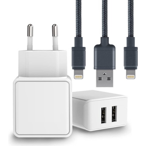 Duo USB Adapter + 2x Nylon iPhone Oplader Kabel - 2M - Dubbele USB Output - 12W Snellader - Extra Stevig