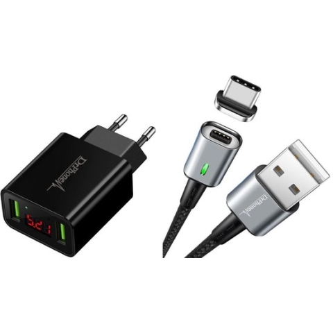 DrPhone iCON - Magnetische USB-C Oplaadkabel 3A + Thuislader 2 poorten USB Oplader 2.2A met LED Display - Zwart
