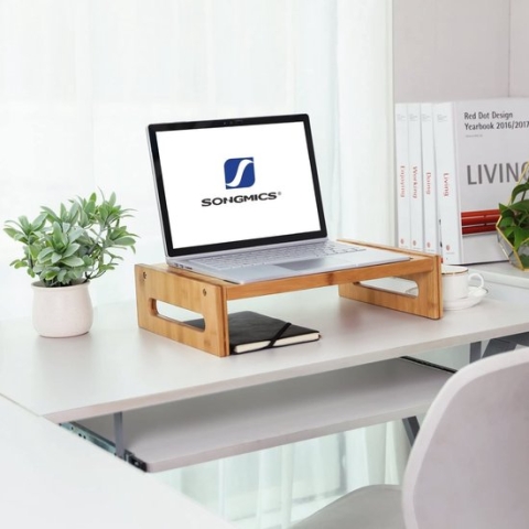 Monitorstandaard Van Bamboe, Ergonomische Beeldschermstandaard, 10 Cm Hoog Tafelblad, Met Sleuf Voor Mobiele Telefoon, Vak Voor Pennen