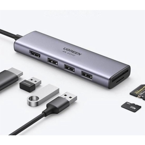 Ugreen: 6 in 1 Multifunctionele Adapter - USB Type C - HDMI 4K 60HZ - SD Kaartlezer - Grijs
