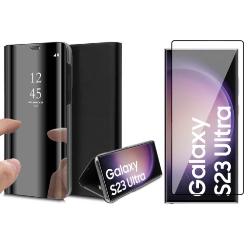Samsung Galaxy S23 Ultra Hoesje - Screen Protector FlexGuard - Book Case Spiegel Zwart & Screenprotector