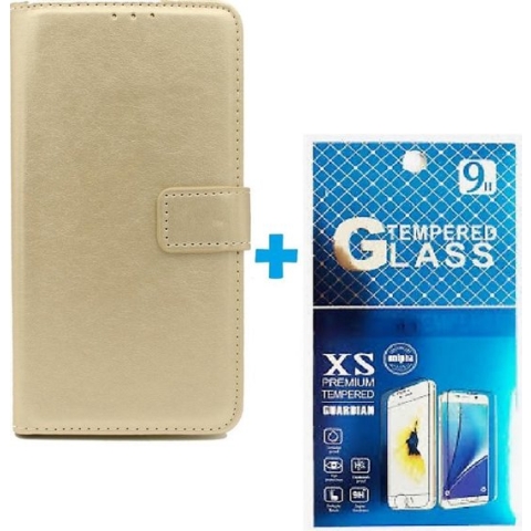Portemonnee Book Case Hoesje + 2x Screenprotector Glas Geschikt voor: Huawei P Smart Plus 2019 -  goud