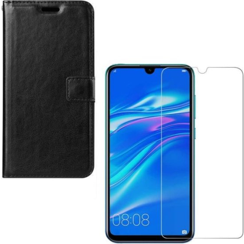 Huawei Y6S Portemonnee hoesje zwart met 2 stuks Glas Screen protector