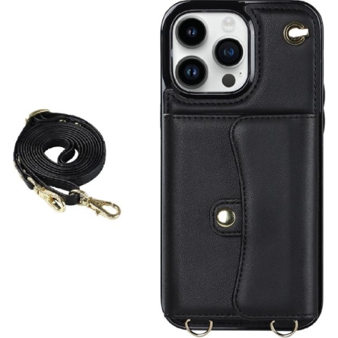 iPhone 13 Mini hoesje - Backcover - Koord - Pasjeshouder - Portemonnee - Kunstleer - Zwart
