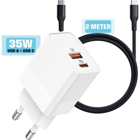 USB-C Adapter voor iPhone 15 / Plus / Pro / Pro Max - met USB C Kabel 2 Meter - 35W Supersnelle Oplader