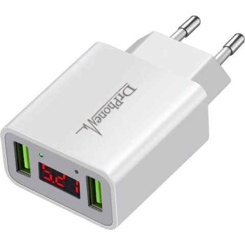 DrPhone - Thuislader 2 poorten USB-oplader - Wit- 2.2A Smart Fast Charge Lader met LED-display real-time status van stroom en spanning & ingebouwde smart chip voor veilig opladen - Geschikt voor Apple iPhone / Samsung / HUAWEI etc