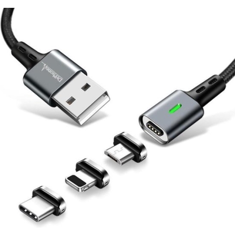 DrPhone iCON - 2 Meter - 3 in 1 Magnetische Oplaadkabel Zwart + Datakabel - 3.0A FastCharge - Lightning / USB-C / Micro USB