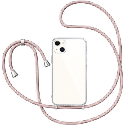 iPhone 14 Plus Hoesje met Koord - Back Cover Siliconen Case Transparant Hoes Roségoud
