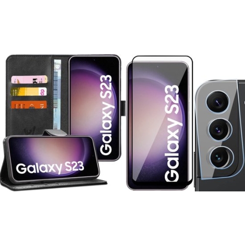 Samsung Galaxy S23 Hoesje - Screenprotector FullGuard & Camera Lens Screen Protector - Book Case Leer Pasjeshouder Zwart