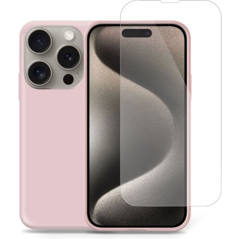 iPhone 15 Plus Hoesje + iPhone 15 Plus Screenprotector – Tempered Glass - Liquid Back Case Cover Rose