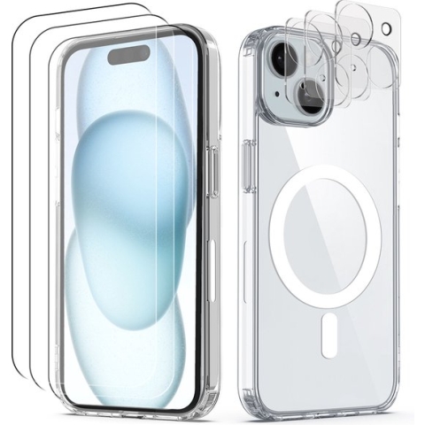 Podec Magsafe Hoesje Geschikt voor iPhone 15 - Met 3x Screenprotector + 3x Cameraprotector - Magnetisch met Ring Doorzichtig - Telefoonhoesje Transparant Case