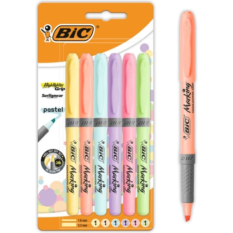 BIC Highlighter Grip Pastel Markeerstiften met Verstelbare Schuine Punt - Diverse Kleuren - 6 Stuks