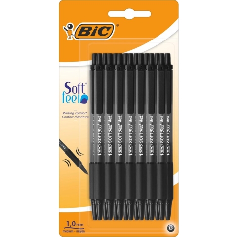BIC Balpen Soft Feel Clic met comfortabele rubberen grip - Zwart - 15 stuks
