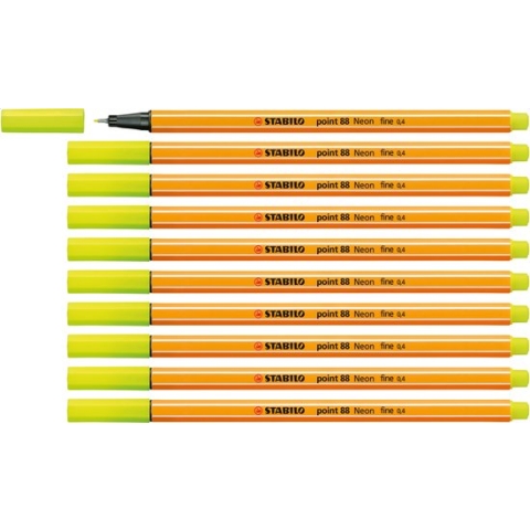 STABILO point 88 - Premium Fineliner - Fine 0,4 mm – Neon Geel – Doos 10 stuks