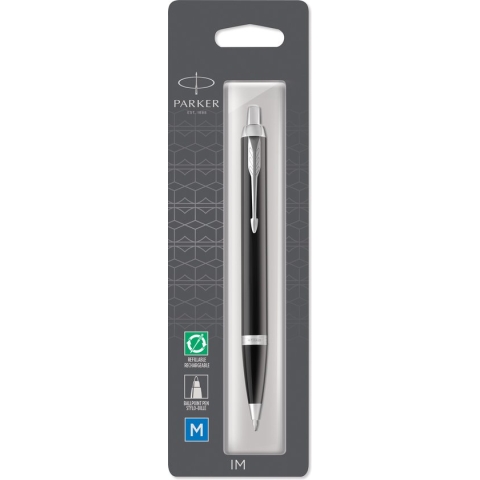 Parker IM balpen | Zwart lak met chromen afwerking | medium punt blauwe inkt