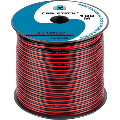 Cabletech - Speaker kabel luidsprekersnoer CCA rood / zwart 2x 1.5mm Haspel 100m