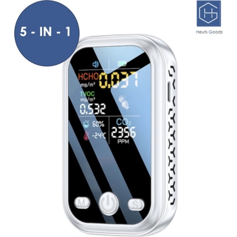 Heuts Goods - CO2 meter 5 in 1 - Hygrometer - Hygrometer binnen - CO2 Melder - Luchtvochtigheidsmeter - Co2 meter binnen - Wit
