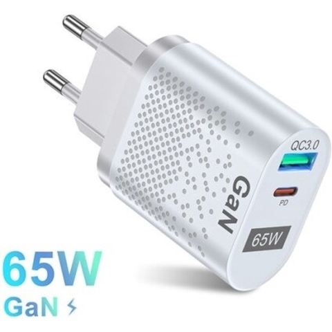 DrPhone WL12 GaN 65W Thuislader – Qualcom 3.0/4.0 & USB C PD 3.0 33W Oplader – USB Oplader – 2 poorts – Wit