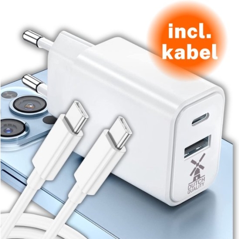 USB C Adapter - Oplader - Snellader Stekker Geschikt Voor Apple Iphone & Samsung - Wit- inclusief oplader kabel 1 meter USB-C